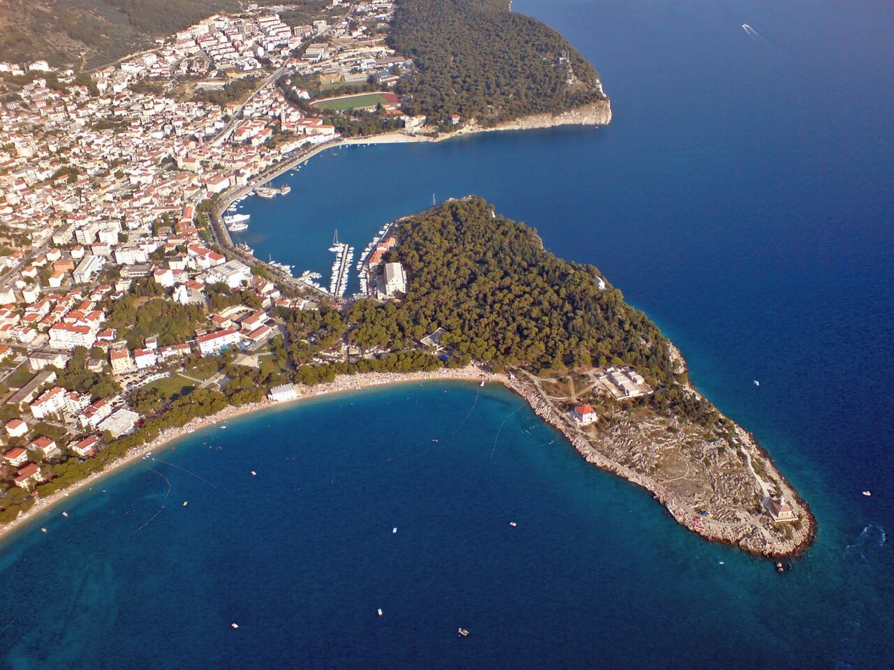 Aerial view of St. Peter Peninsula and Makarska harbour